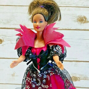 MATTEL BARBIE Doll Brunette Hair Blue Eyes Pink Black Dress 12" Tall